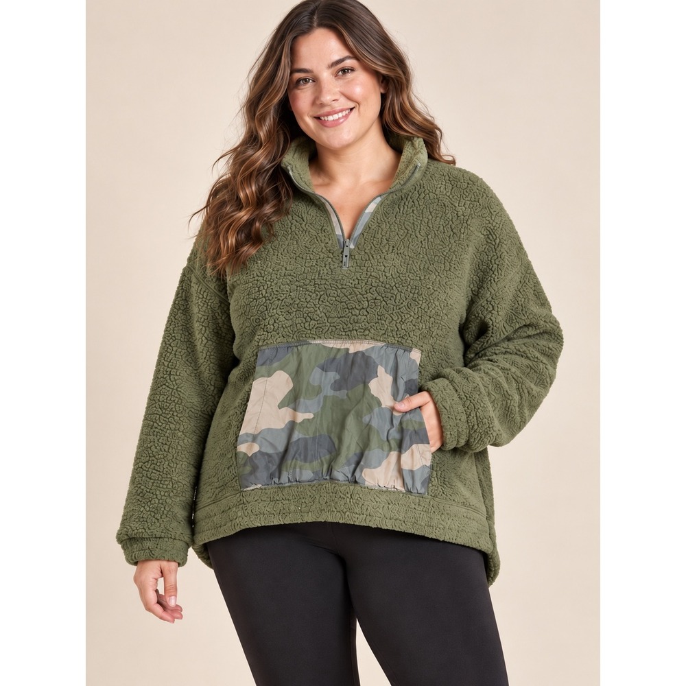 Aerie Sherpa Fleece Quarter Zip Pullover XL Olive Green Camo Pocket 6047730621